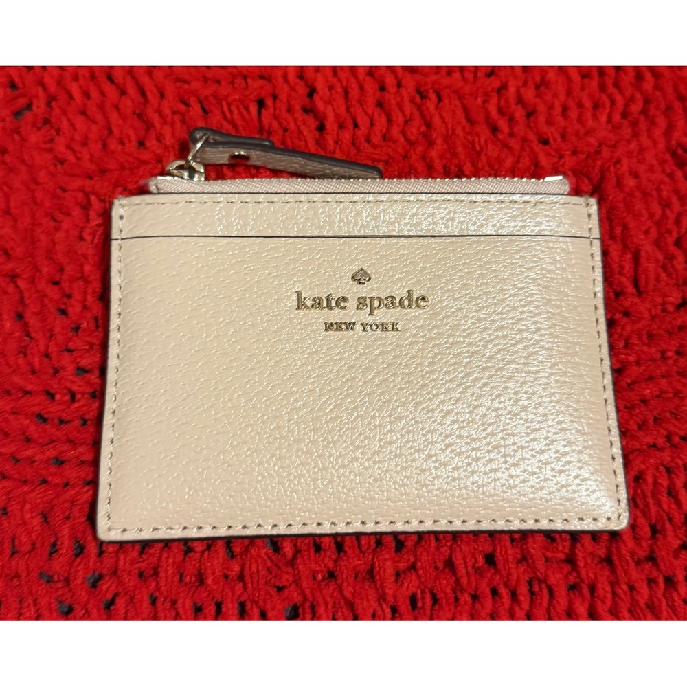 Kate Spade New York Pebbled Leather Slim Zip Card Holder Wallet Beige Gold Logo - Picture 2 of 4